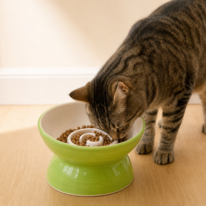 Handmade Elevated Ceramic Slow Feeder Bowl for Cats & Small Dogs