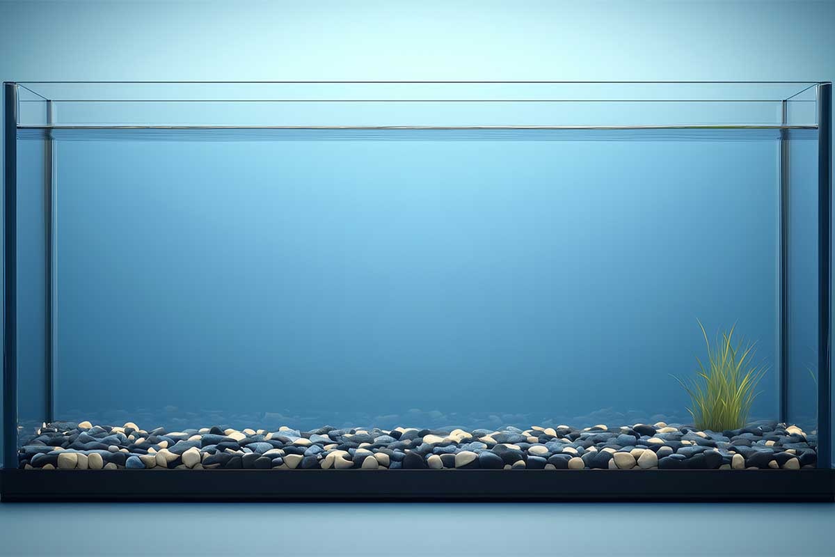 Empty aquarium with stone-decorated bottom