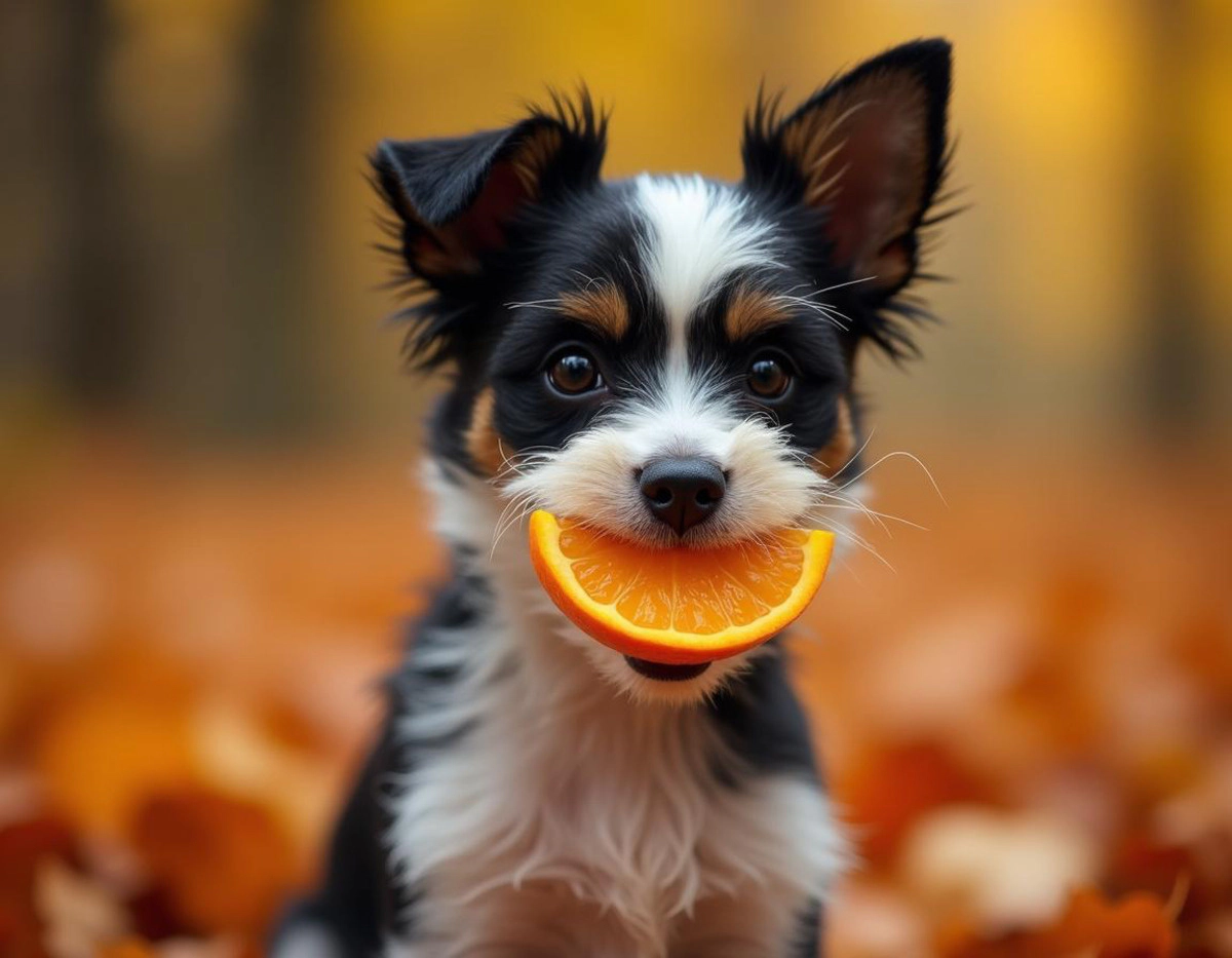 A small breed dog carrying a cut tangerine in its mouth