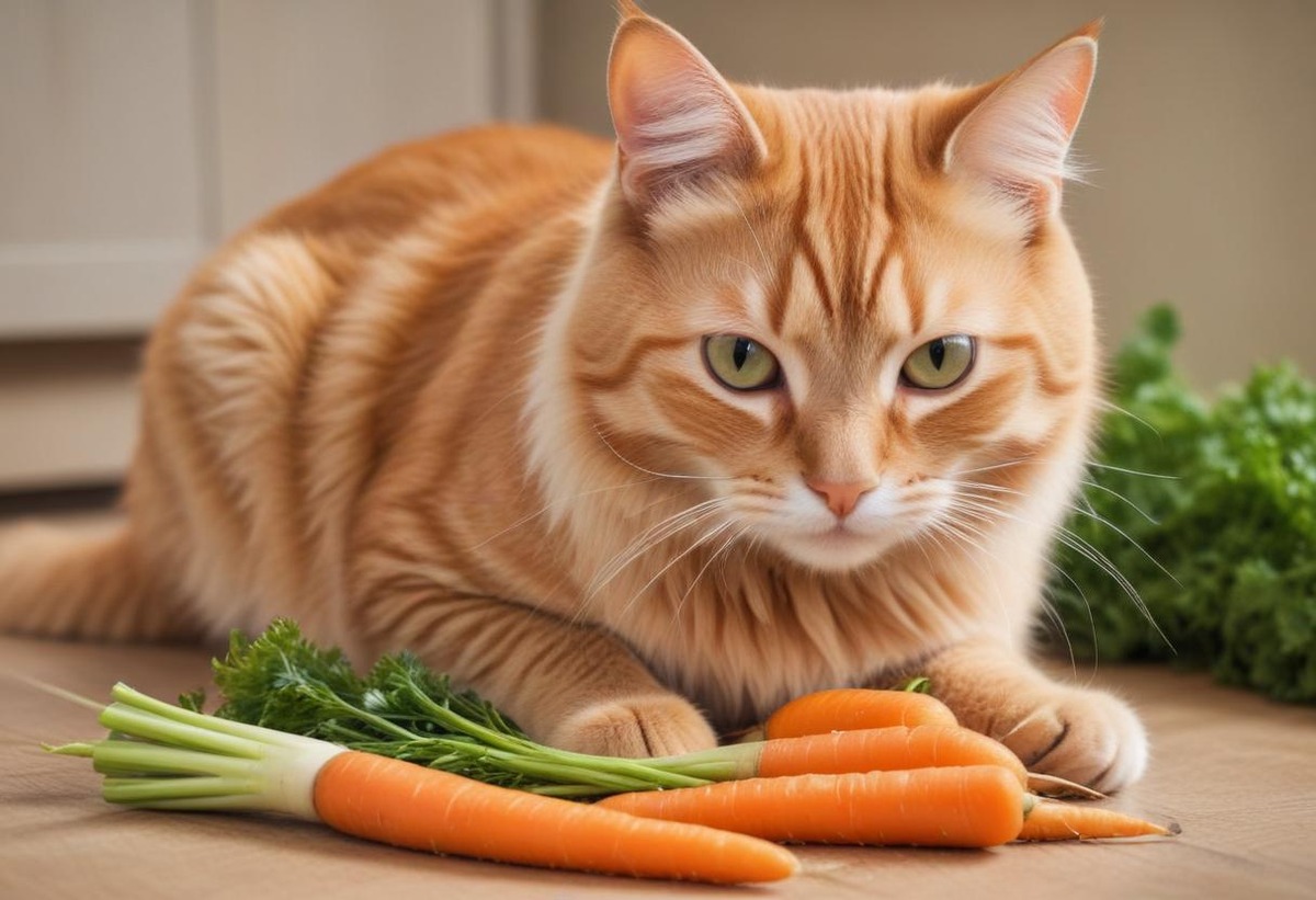Cat standing next to carrots
