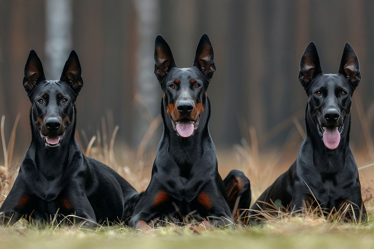 Three black Dobermans sitting side by side