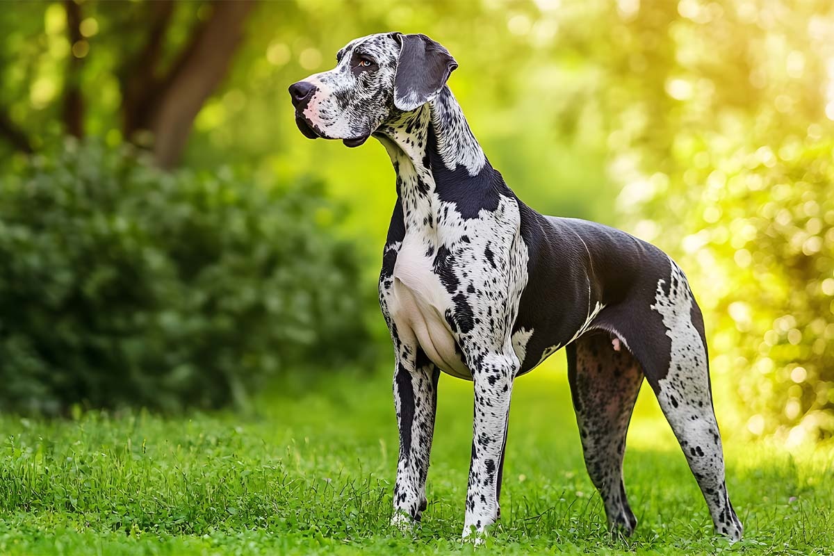 Black and white Great Dane in a wooded area
