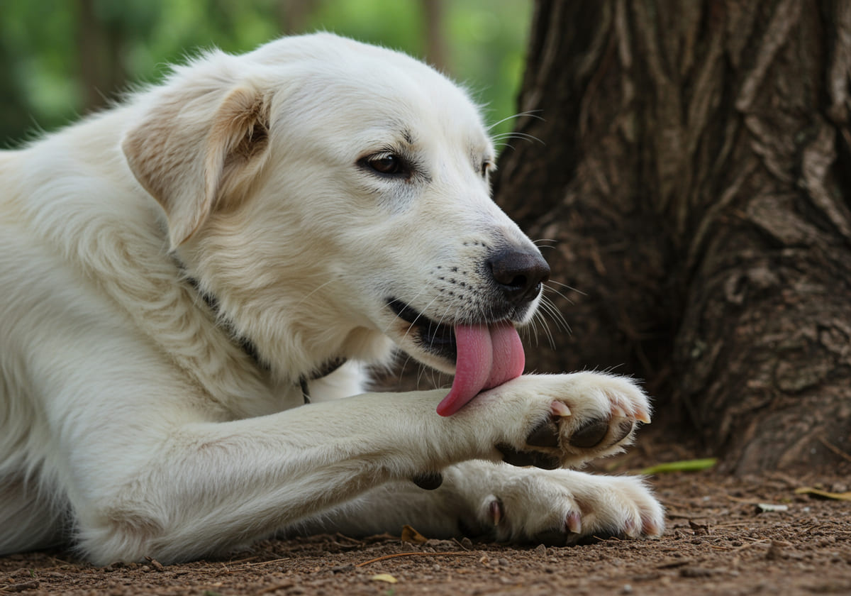 White dog licking its paw in a wooded area