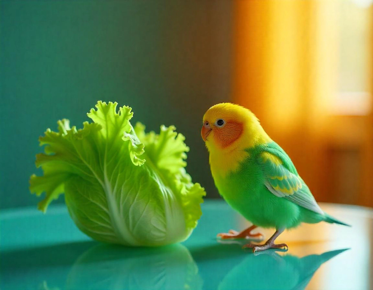 A yellow-green budgie standing next to the lettuce
