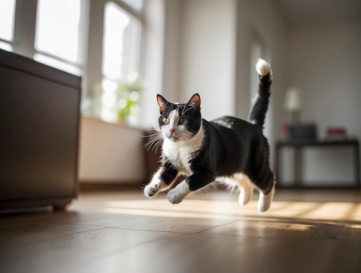Black and white cat running with tail held high