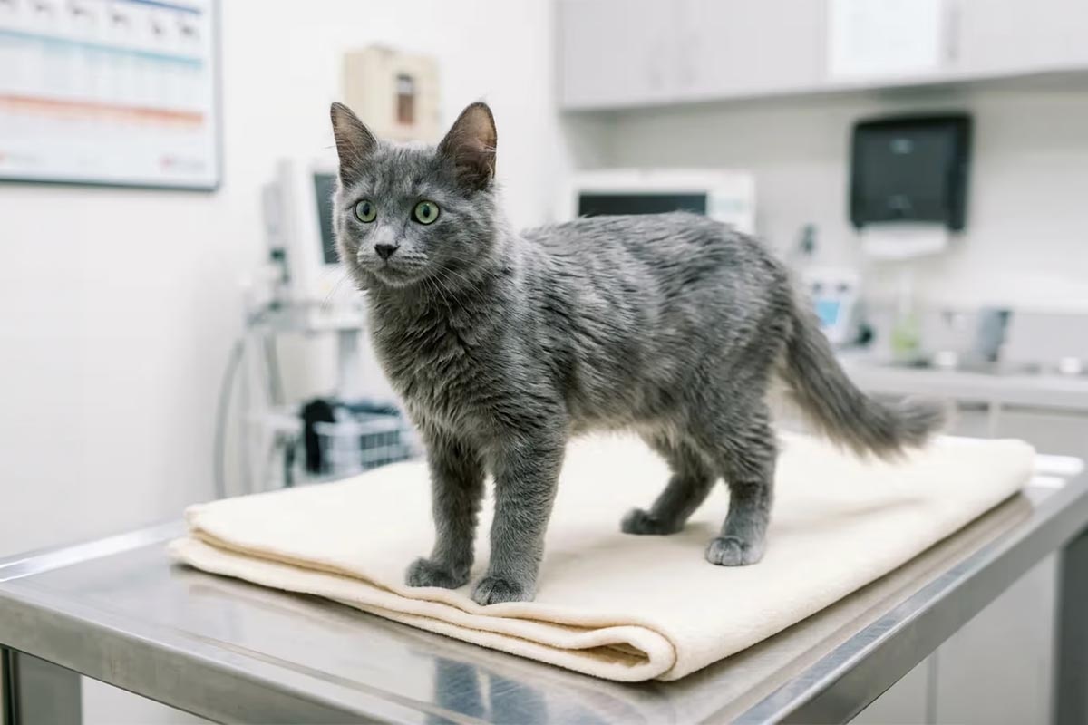 Gray kitten standing on a table in a veterinary clinic
