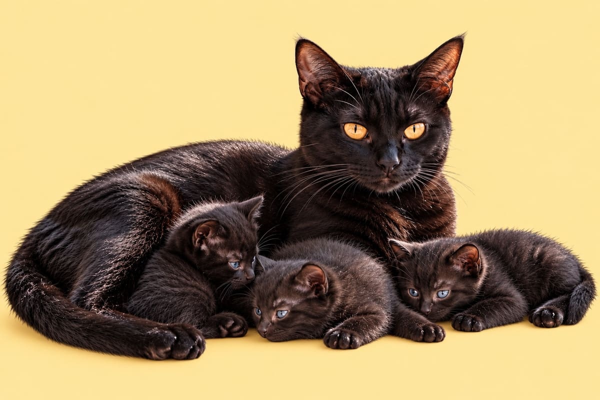 Black cat with amber eyes standing next to three black kittens