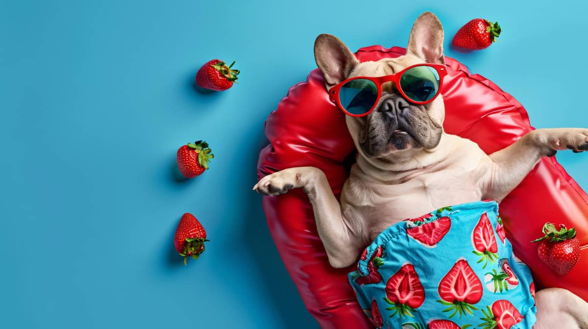 French Bulldog lying on its back surrounded by strawberries