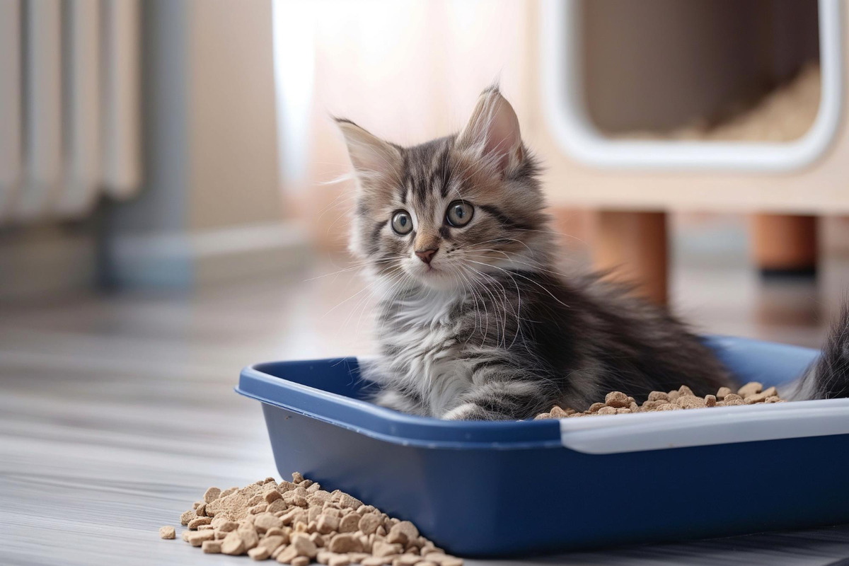 A kitten sitting inside its litter box