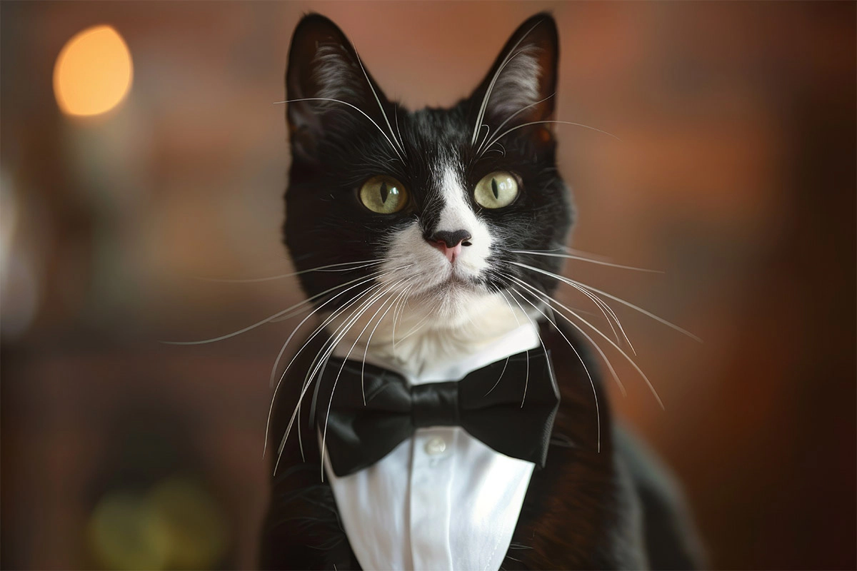 Tuxedo cat looking curiously at the camera cat