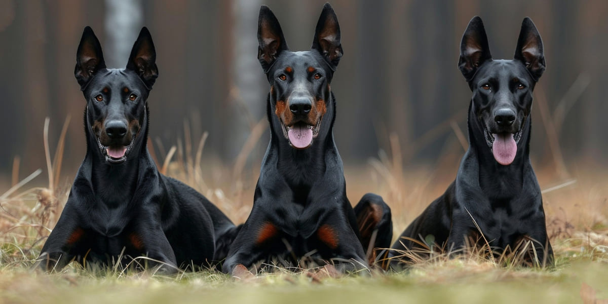 Three Dobermans sitting side by side