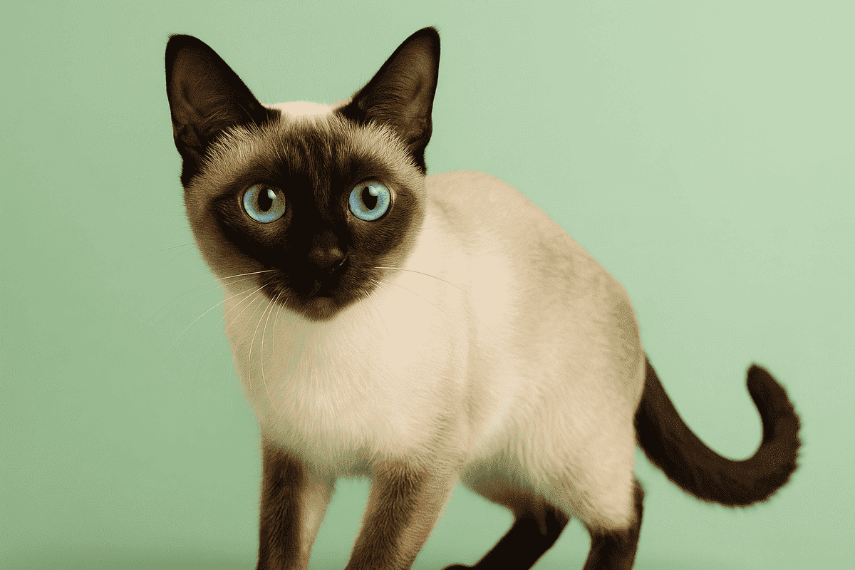 A Siamese cat looking curiously against a green background Your cat