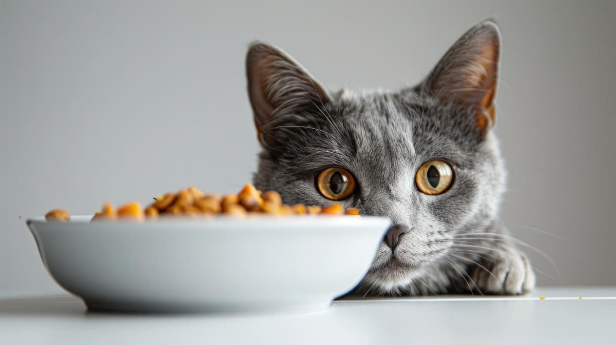 A gray cat looking from behind its food bowl