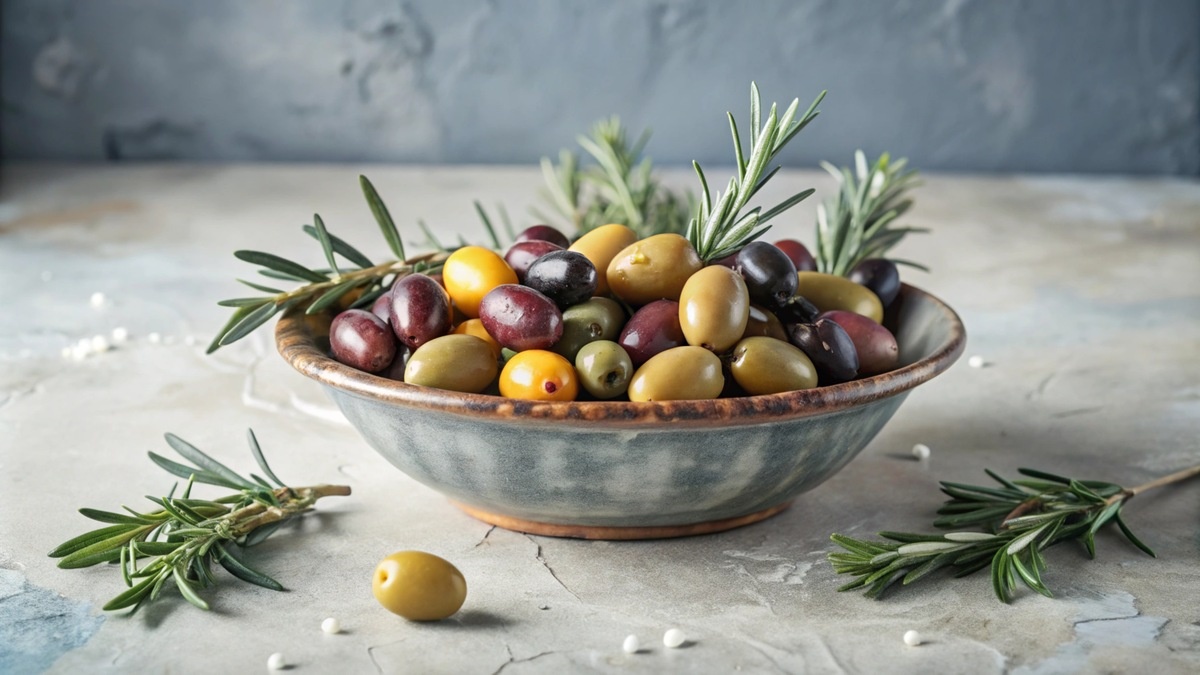 A plate full of different types of olives and a few olive leaves