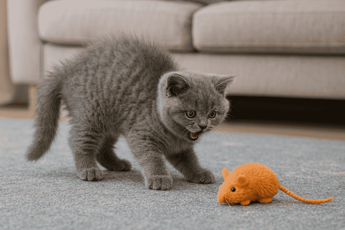 A British Shorthair kitten with an orange toy mouse in front of it