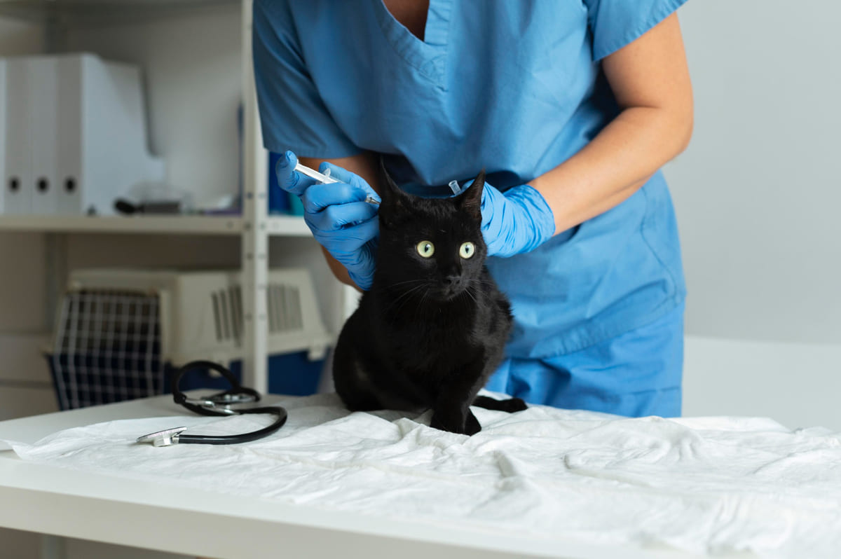 A cat receiving an injection from a veterinarian