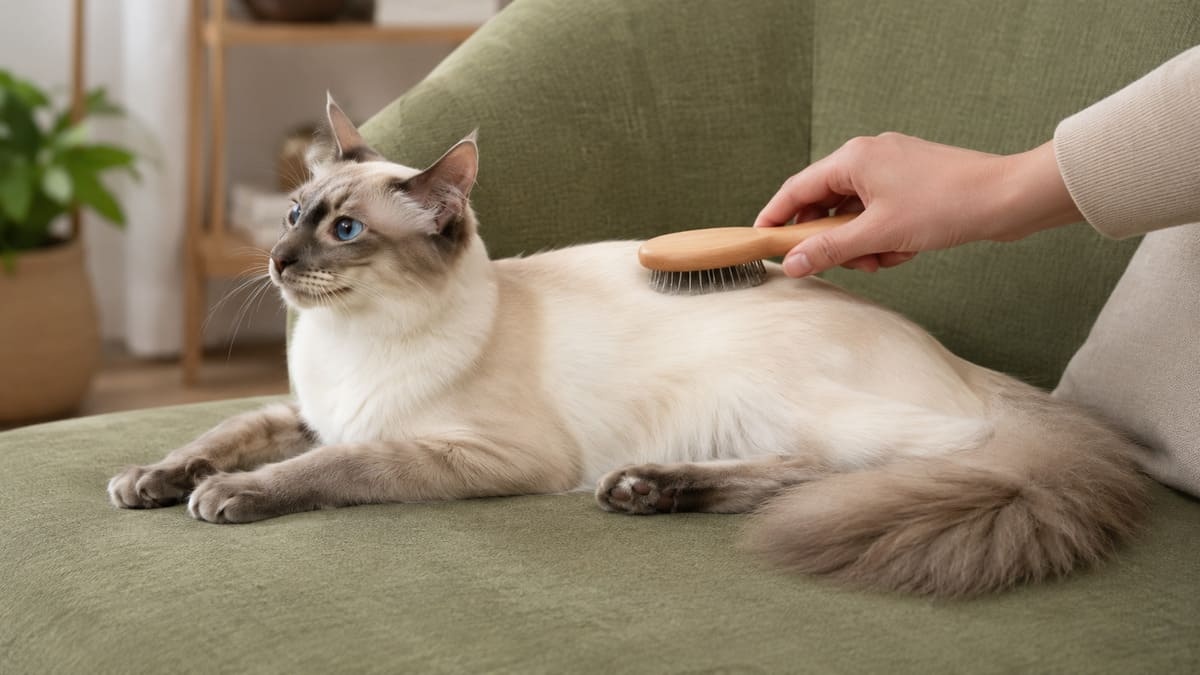 Cat being groomed while sitting on the sofa