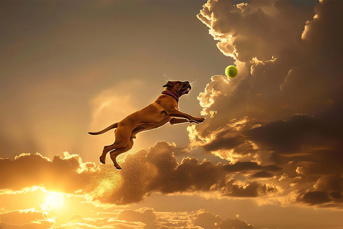 Brown dog trying to catch a tennis ball in the air dog