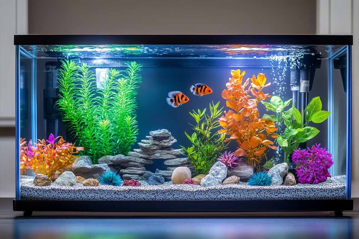 Colorful fish swimming in a planted aquarium