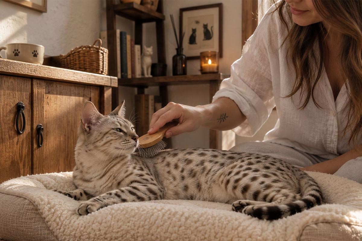 Cat being combed by a woman with long hair