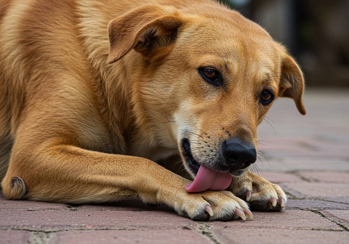Dog lying on the street licking its paw