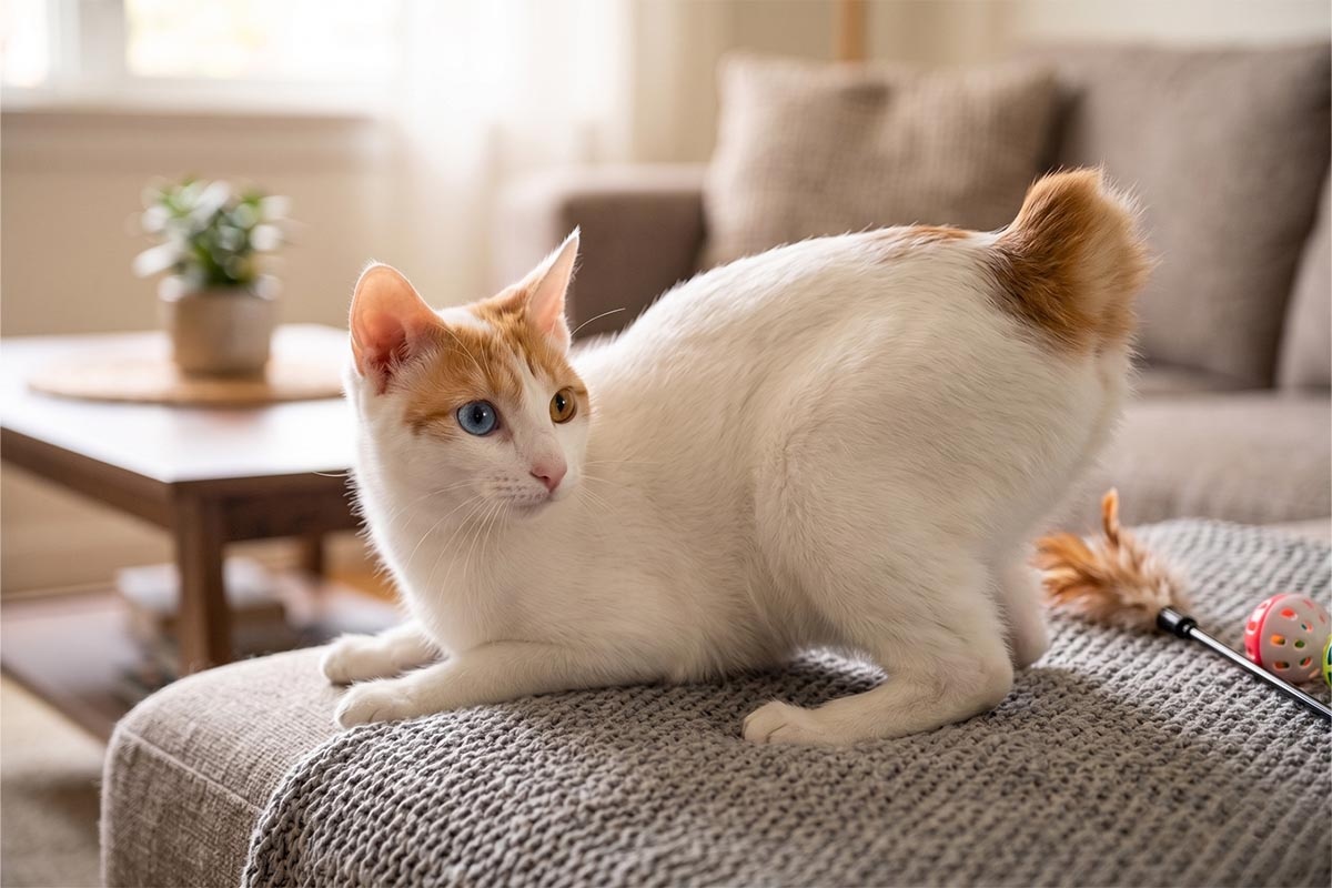 Short-tailed cat, one eye blue, the other amber