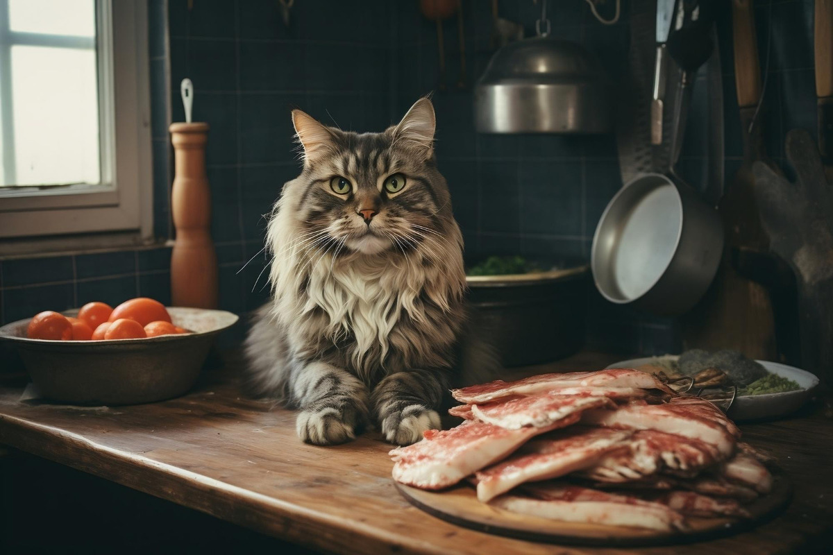 A cat standing next to a plate full of raw meat on the counter