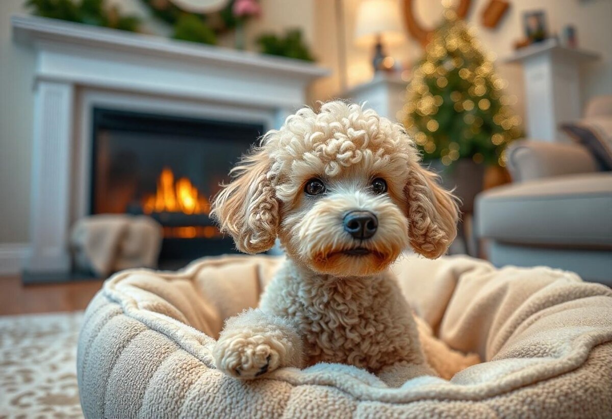 Small breed dog with curly fur lying on its bed