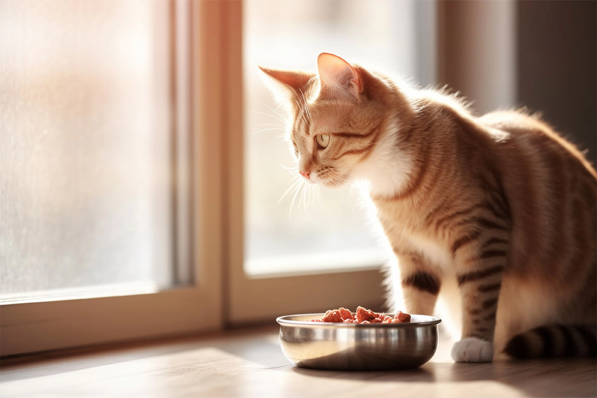 A tabby cat sitting by the window with wet food in front of it