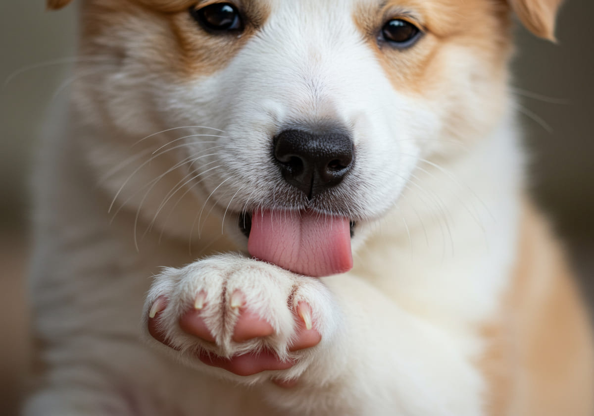 Puppy licking its paw