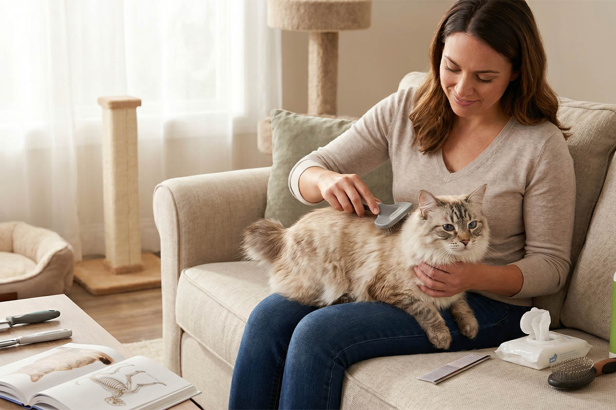 Furry cat in a woman's lap
