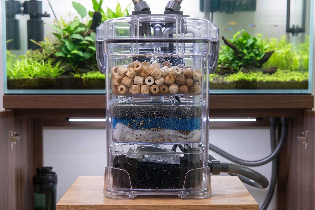 Transparent aquarium filter with different layers