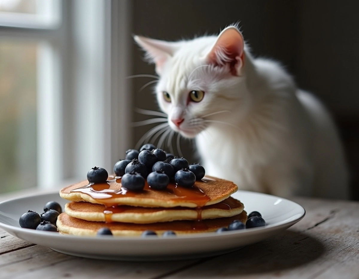 A white cat has blueberry pancakes in front of it