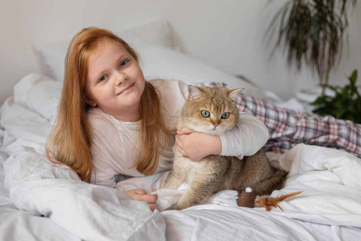 Cat sitting on a bed with a little girl