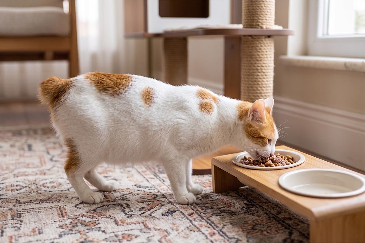 White and yellow cat eating food