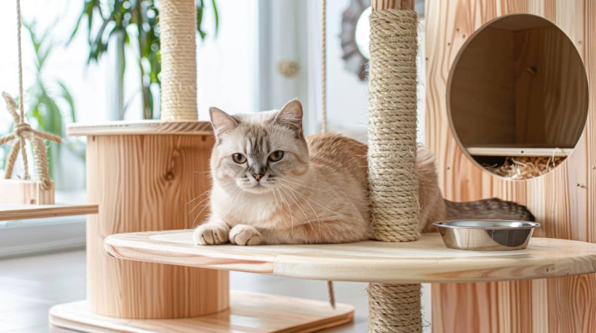 Cat sitting in a scratching post cat house