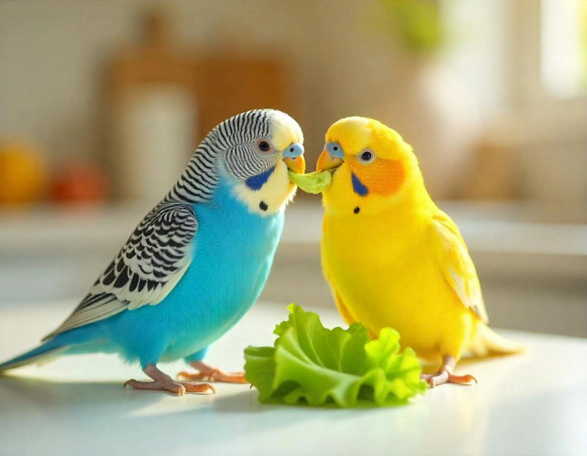 Two budgies sharing the lettuce
