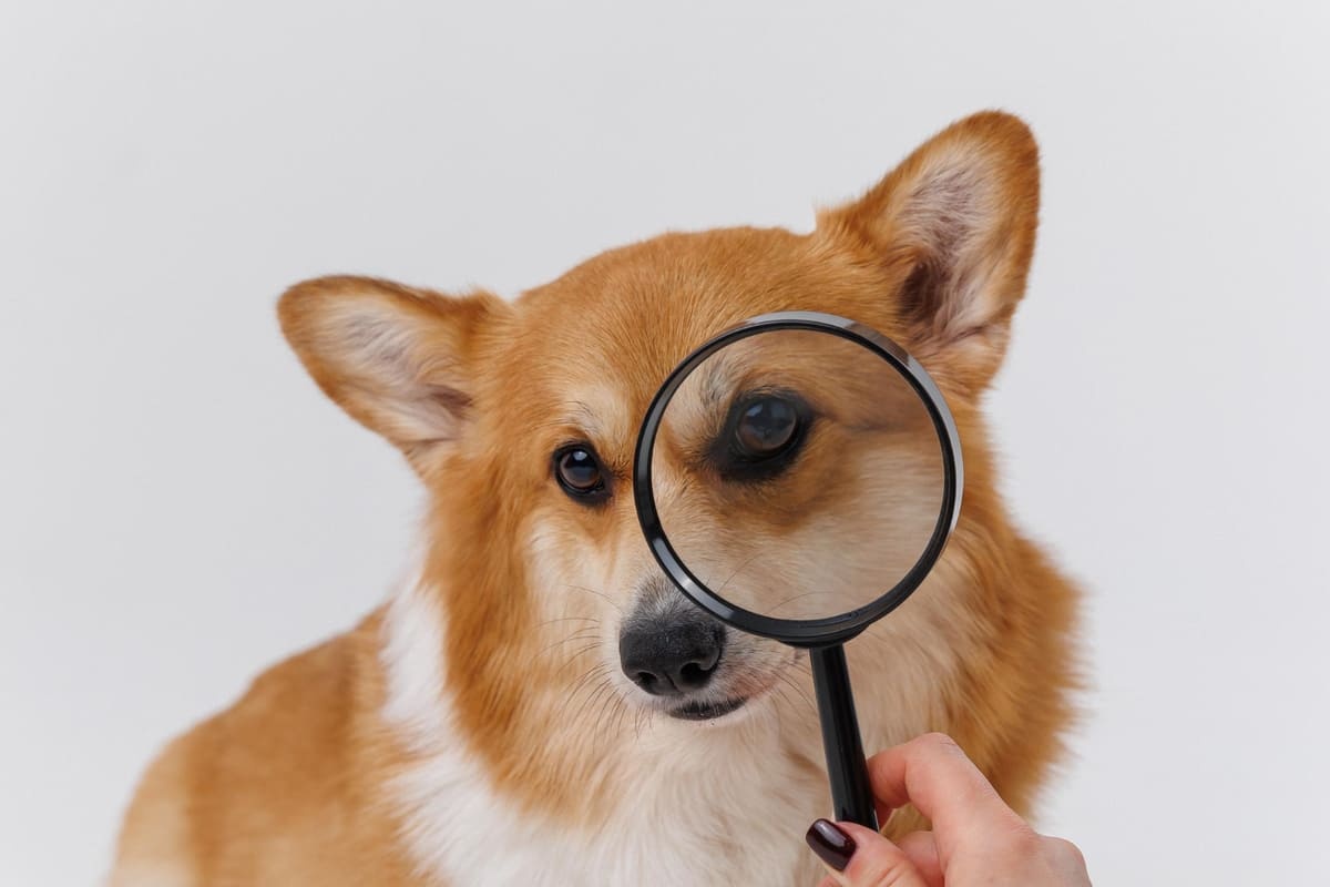Dog with a magnifying glass held to its eyes