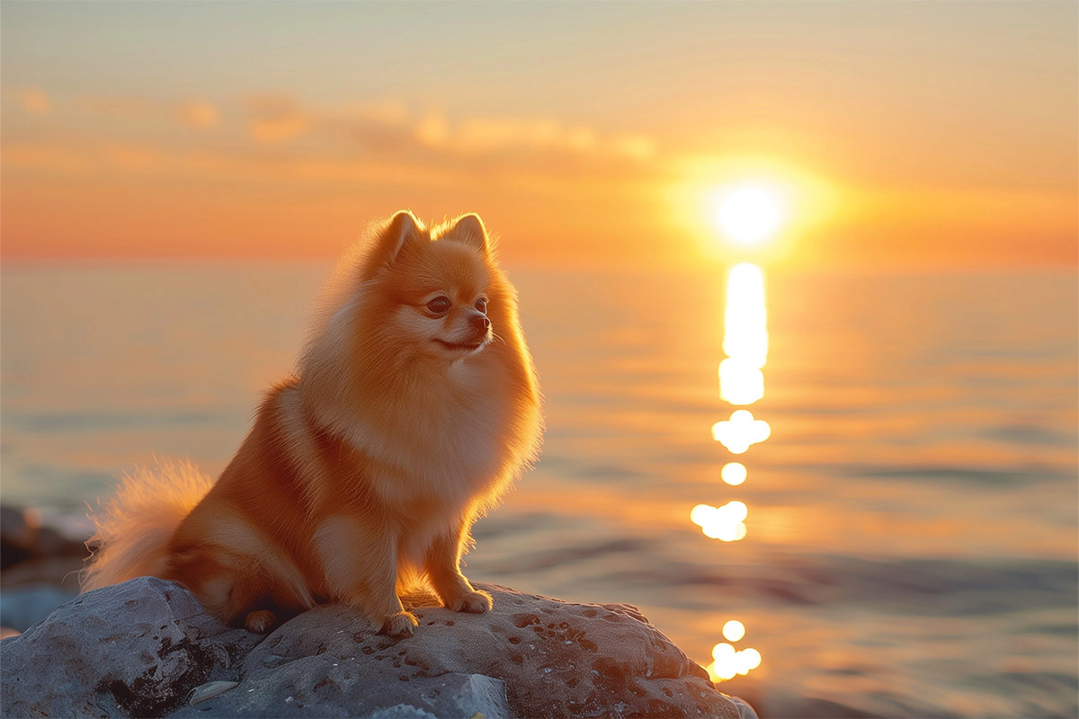 Small breed dog sitting in a sunset view