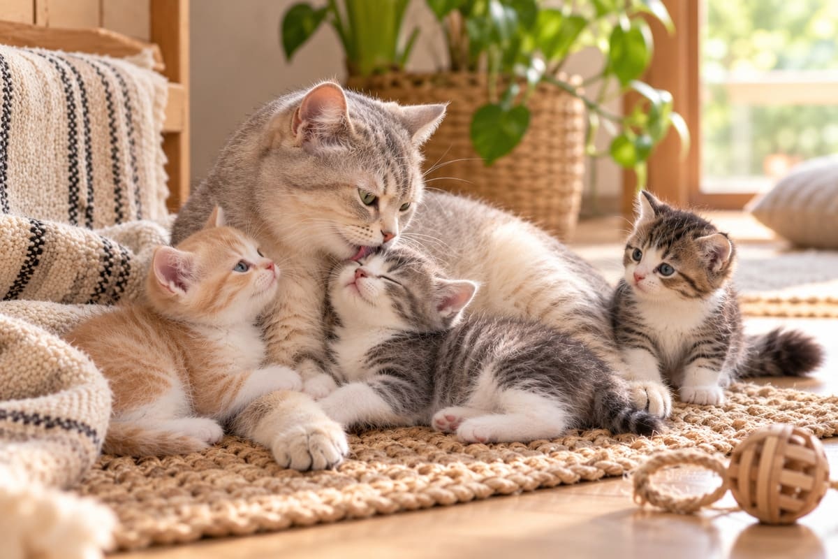 Mother cat licking her kittens