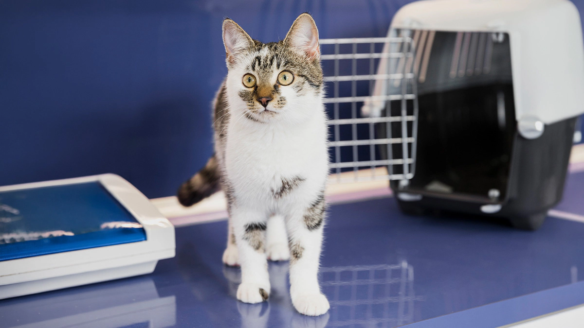 Cat standing in front of a carrier at the vet's