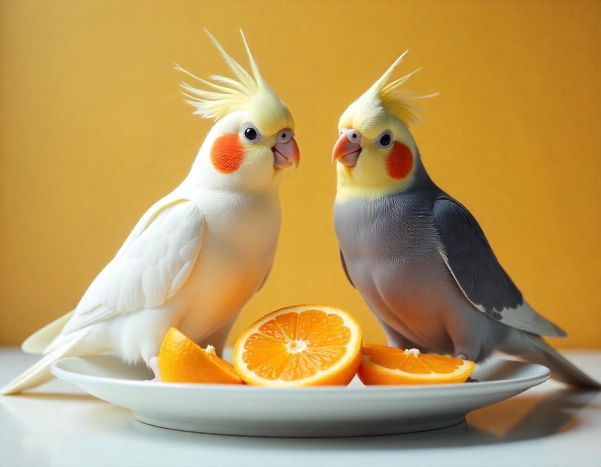 Two cockatiels on a white plate with mandarin slices in the middle