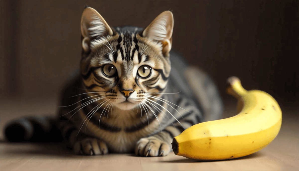Cat standing next to a banana
