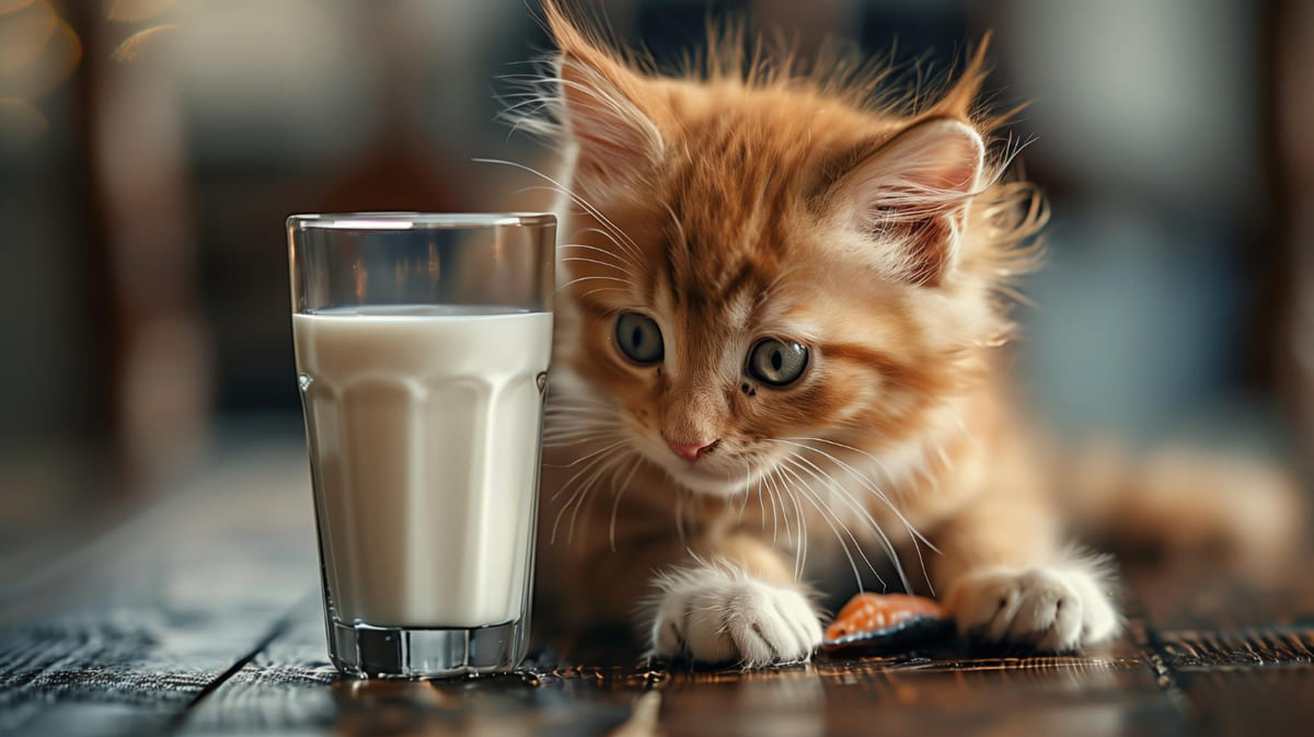 A cat standing next to a glass of milk