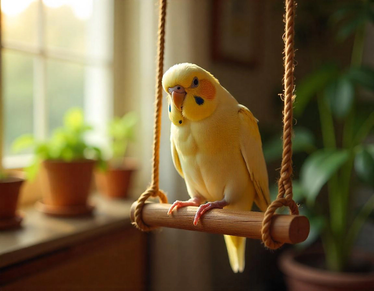 A curious yellow budgie perched on its perch, glancing sideways