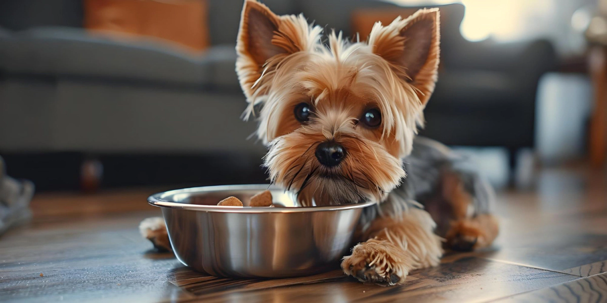 A sweet dog with light brown fur being offered a food bowl