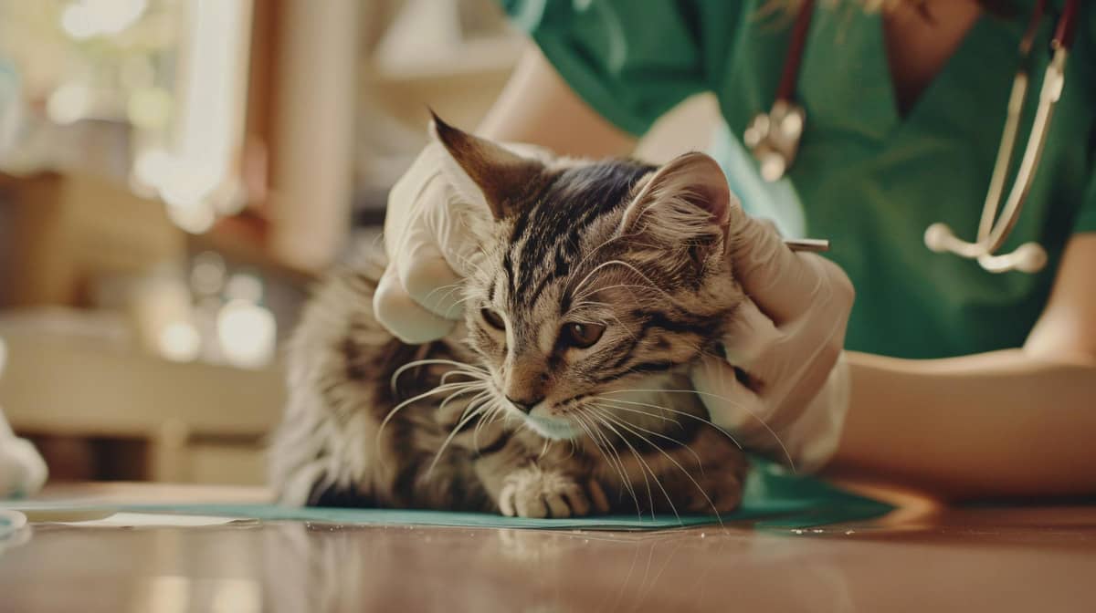 A tabby cat on the examination table