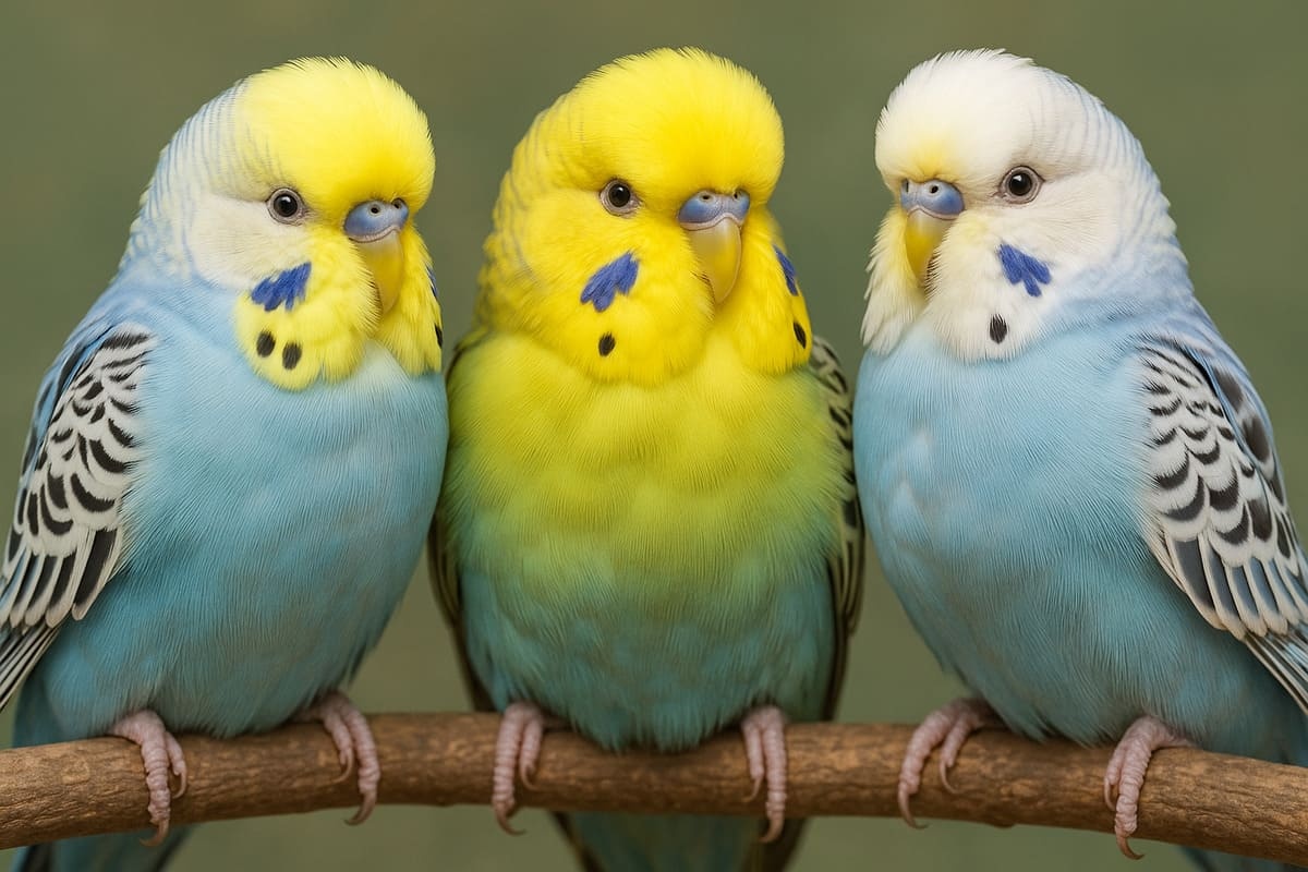 Three large, fluffy-feathered budgies standing side by side