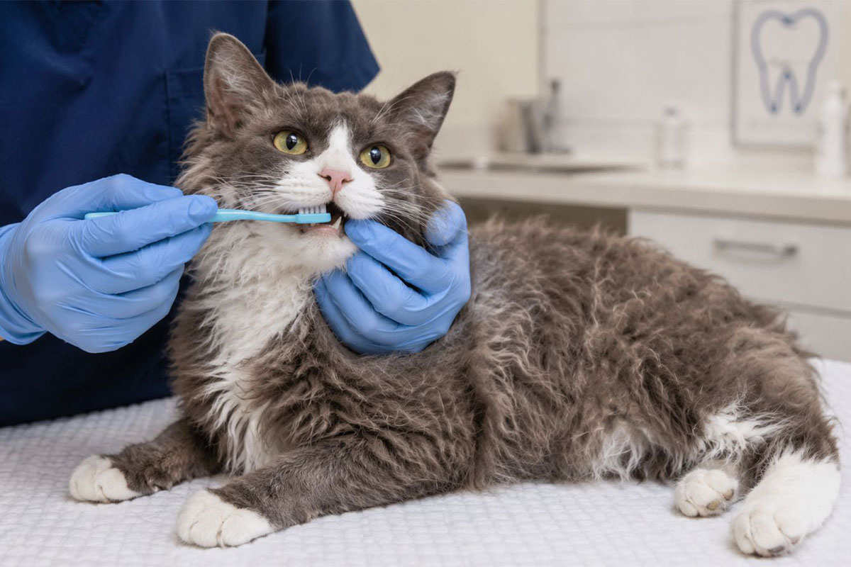 Cat having its teeth brushed