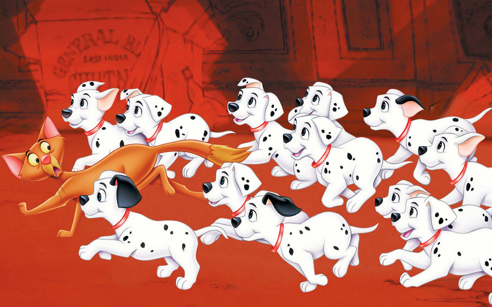 A scene from the cartoon 101 Dalmatians
